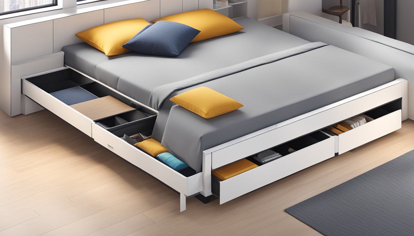 A sleek, modern storage bed with innovative designs and materials, featuring hidden compartments and a minimalist aesthetic