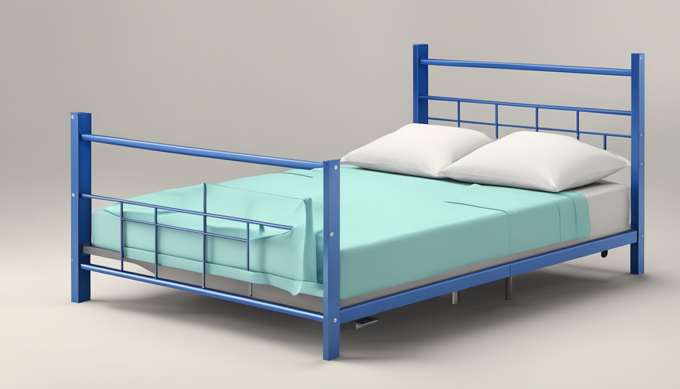A double bed steel frame with FAQ signs around it
