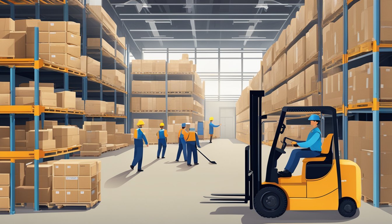 A busy warehouse with rows of neatly stacked furniture, a forklift moving pallets, and workers organizing inventory