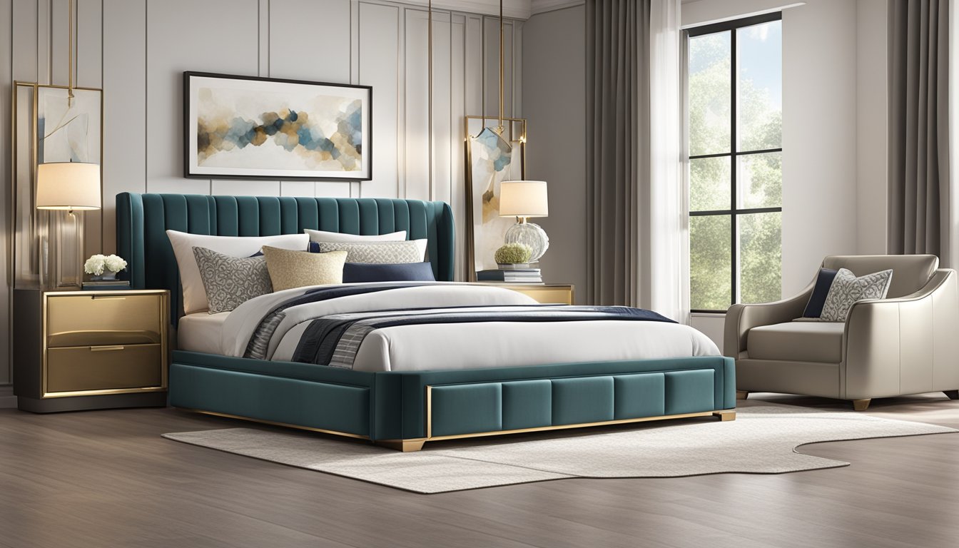 A luxurious king size storage bed frame sits in a spacious, well-lit bedroom, adorned with plush bedding and decorative pillows. A sleek, modern design complements the room's elegant decor, creating an inviting and comfortable atmosphere