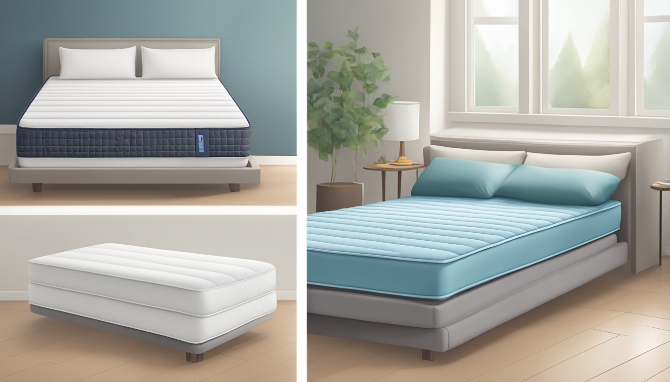 A foam mattress and a spring mattress side by side on a clean, uncluttered floor. The foam mattress is soft and uniform, while the spring mattress has visible coils and a firmer surface