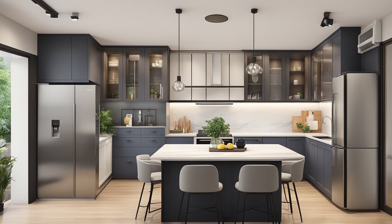 A spacious and modern 4-room BTO kitchen design with sleek countertops, ample storage, and integrated appliances. The layout is functional and allows for easy movement and efficient meal preparation