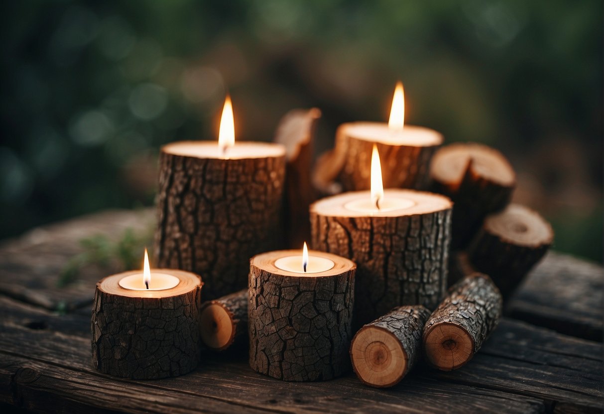 A pile of wood logs arranged in various DIY projects, such as a side table, planter, and candle holder