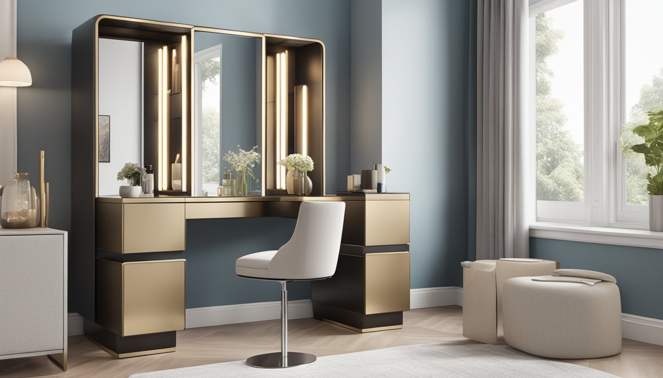 A sleek, modern dressing table with a built-in mirror and ample storage compartments, priced below 2500, displayed in a well-lit showroom