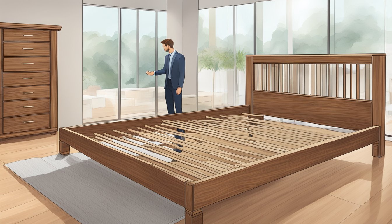 A hand reaches out to touch a sleek, polished wooden bed frame, surrounded by various options on display in a spacious showroom