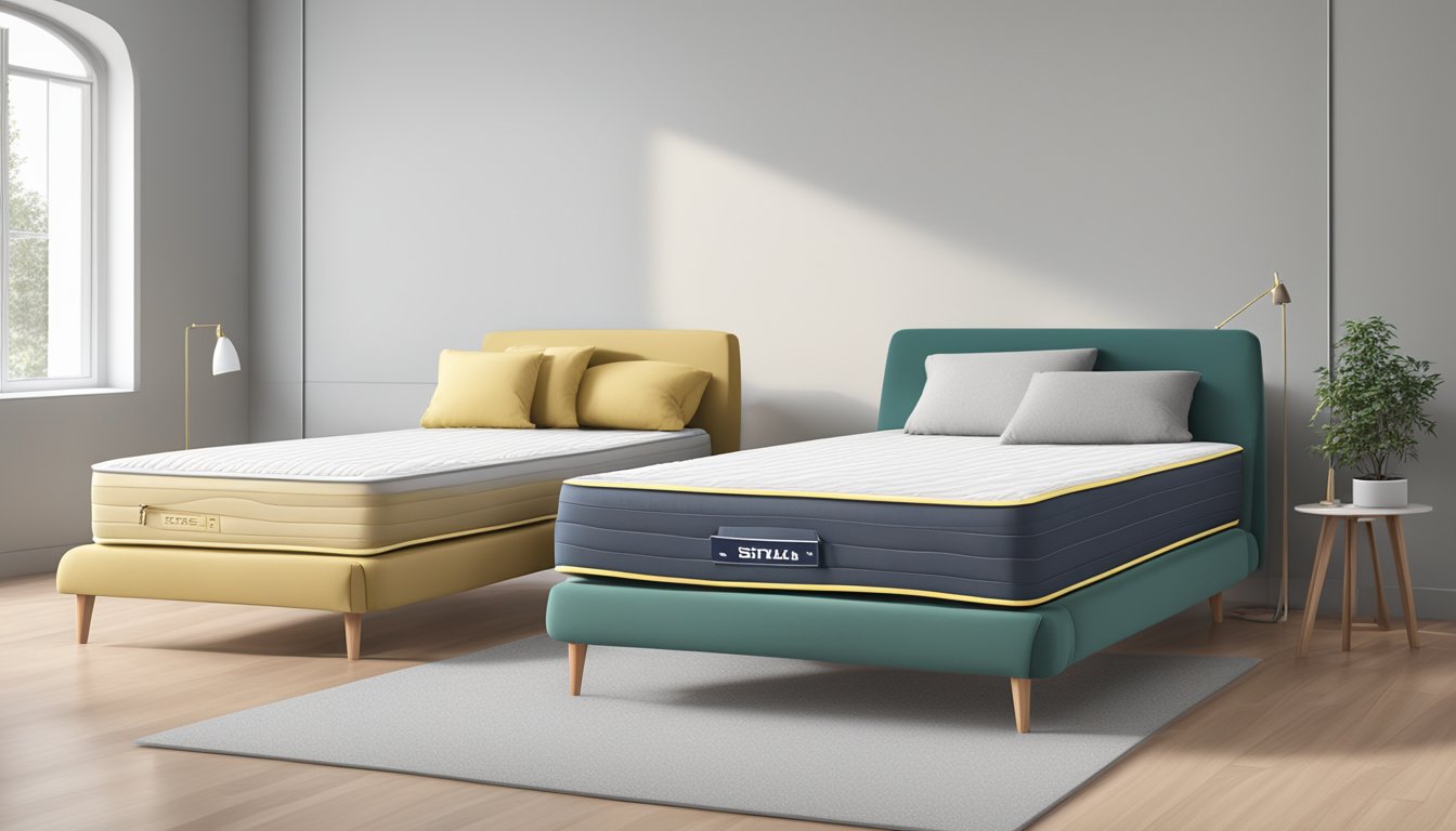 A single mattress (90x190 cm) and a super single mattress (106x190 cm) side by side on a clean, uncluttered floor