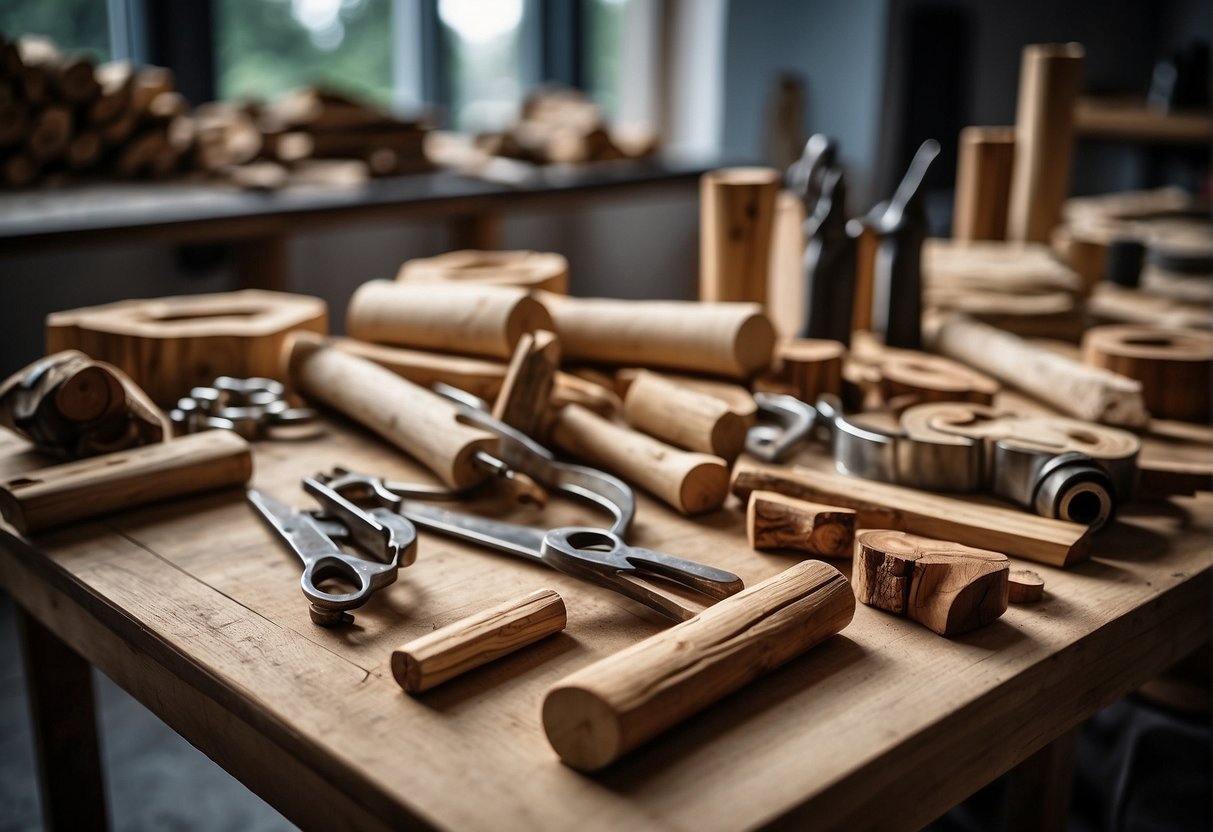 A table with various woodworking tools and wood logs arranged for DIY projects