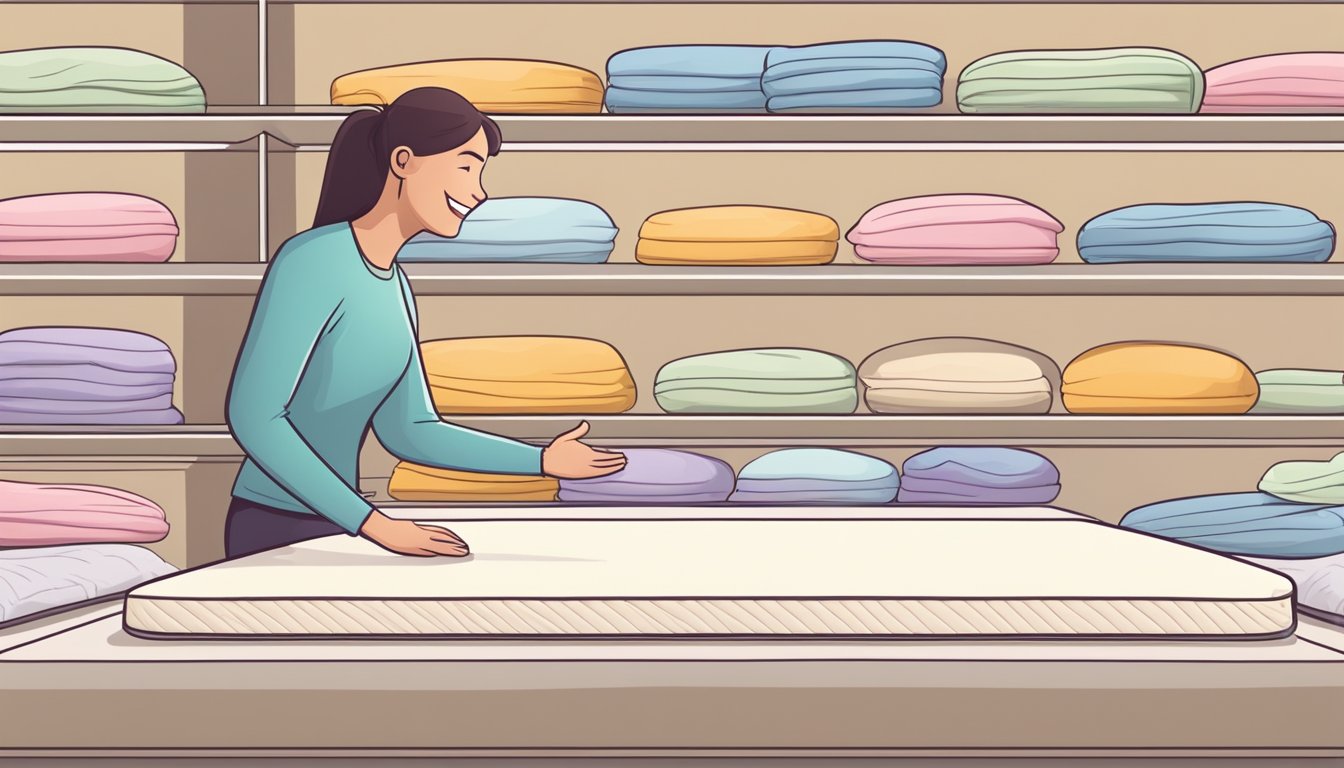 A hand reaches out to grab a Bliss euro top spring mattress from a store shelf, with a satisfied smile on the face of the customer