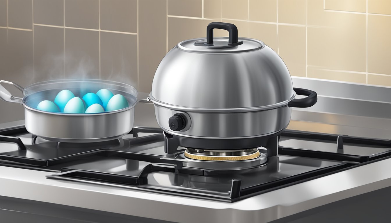 A metal egg boiler sits on a gas stove, steam rising from the boiling water inside. Egg timer next to it