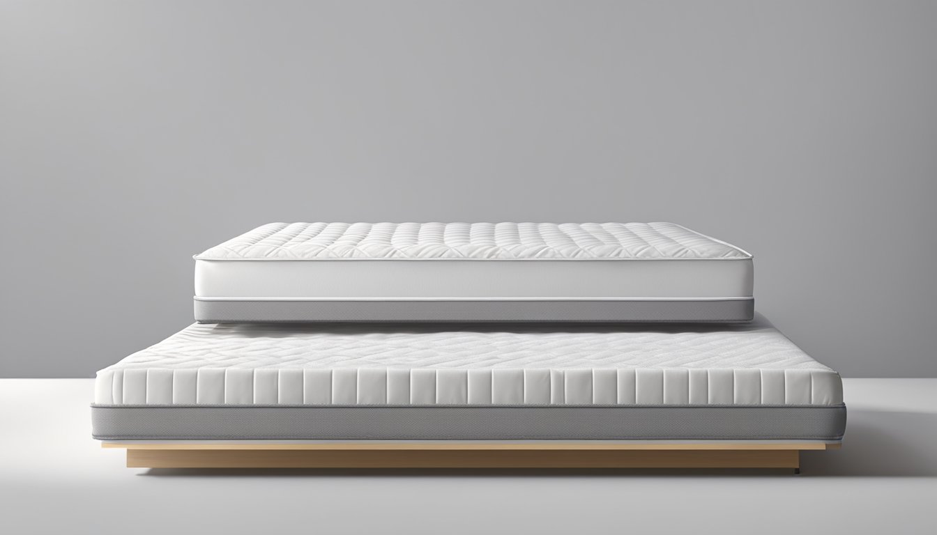 A foam mattress and a spring mattress side by side on a bed frame, with the foam mattress showing a uniform, smooth surface and the spring mattress displaying visible coil springs under a quilted cover