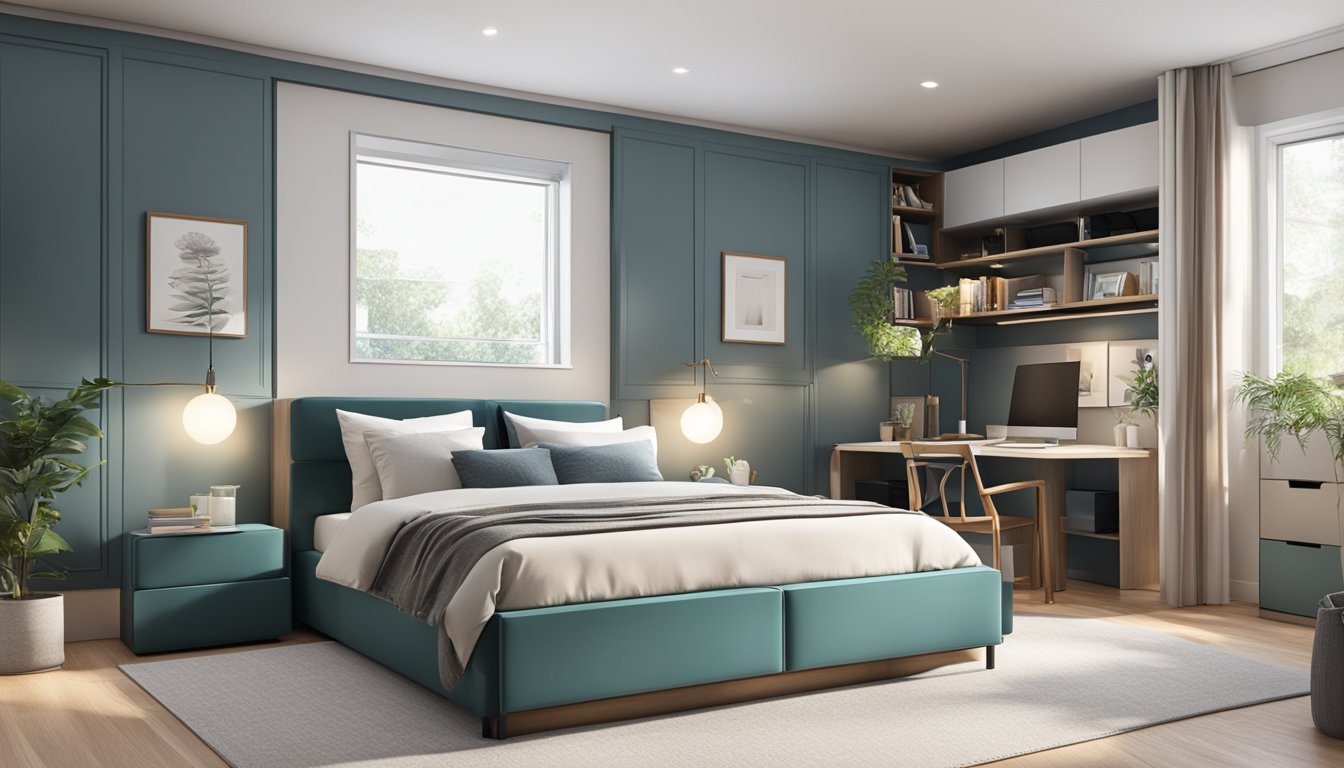 A modern bedroom with Maximising Storage Solutions stylish storage bed, neatly organized with various items stored underneath the bed frame
