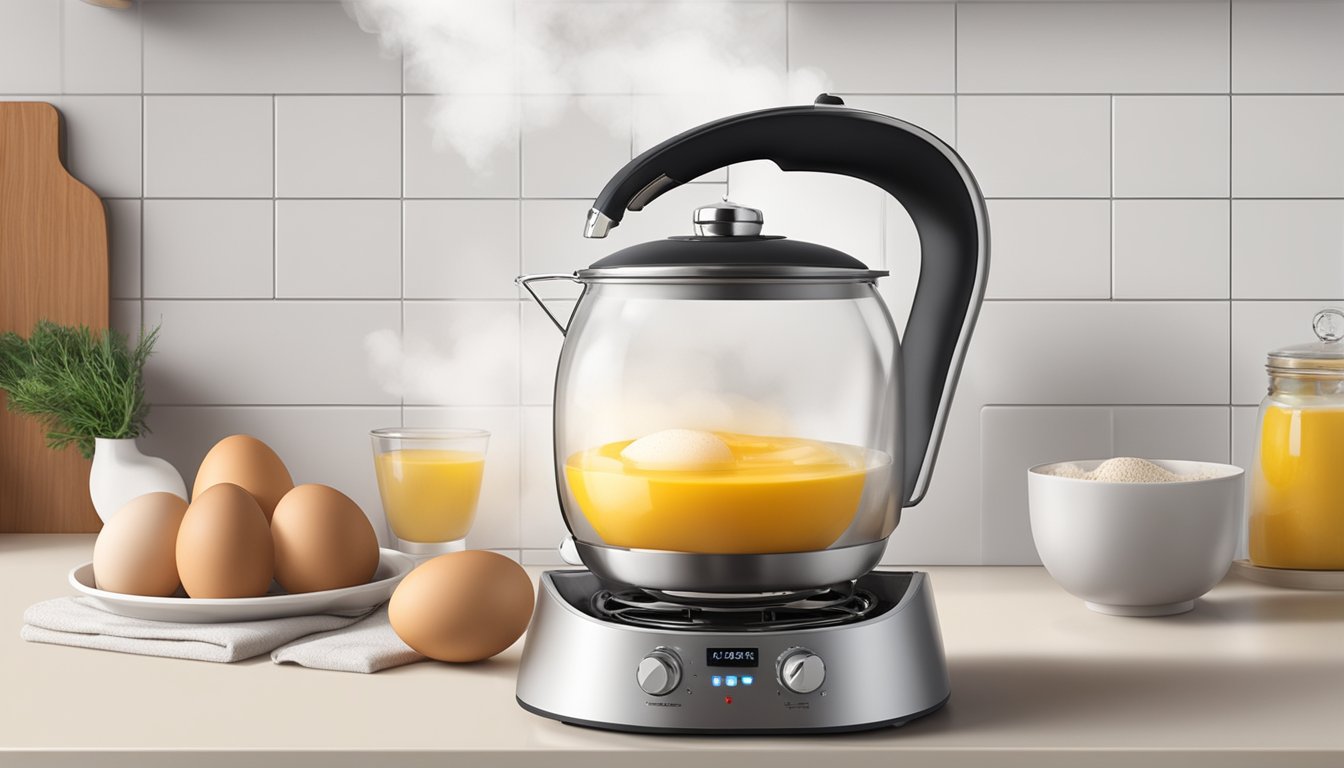 An Egg Boiler Essentials egg boiler sits on a kitchen countertop, steam rising from its lid as it cooks eggs to perfection