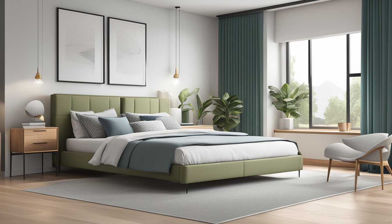 A modern bedroom with a sleek and spacious king size storage bed frame, neatly organized with various items tucked away, surrounded by a clean and minimalist decor