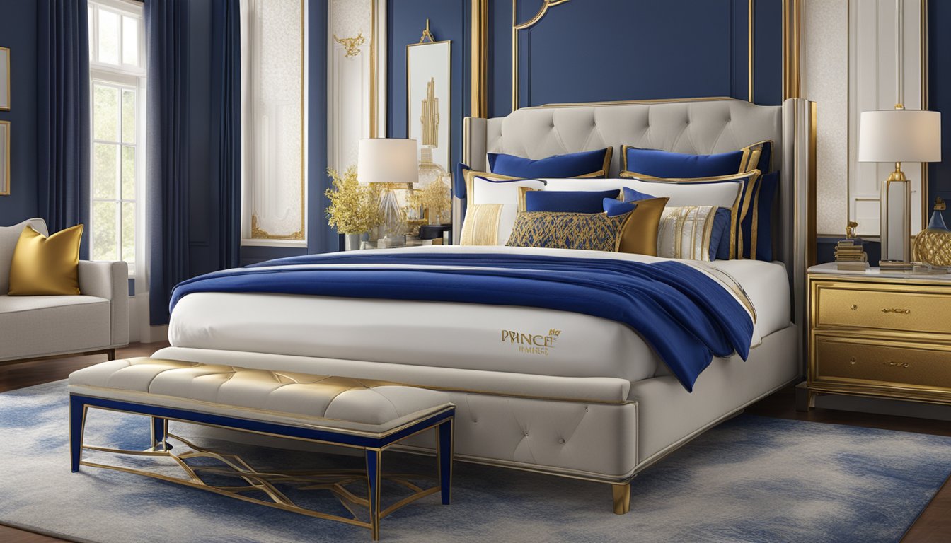 The Prince Mattress logo shines on a luxurious, cloud-like bed. Royal blue and gold accents add regal elegance to the scene