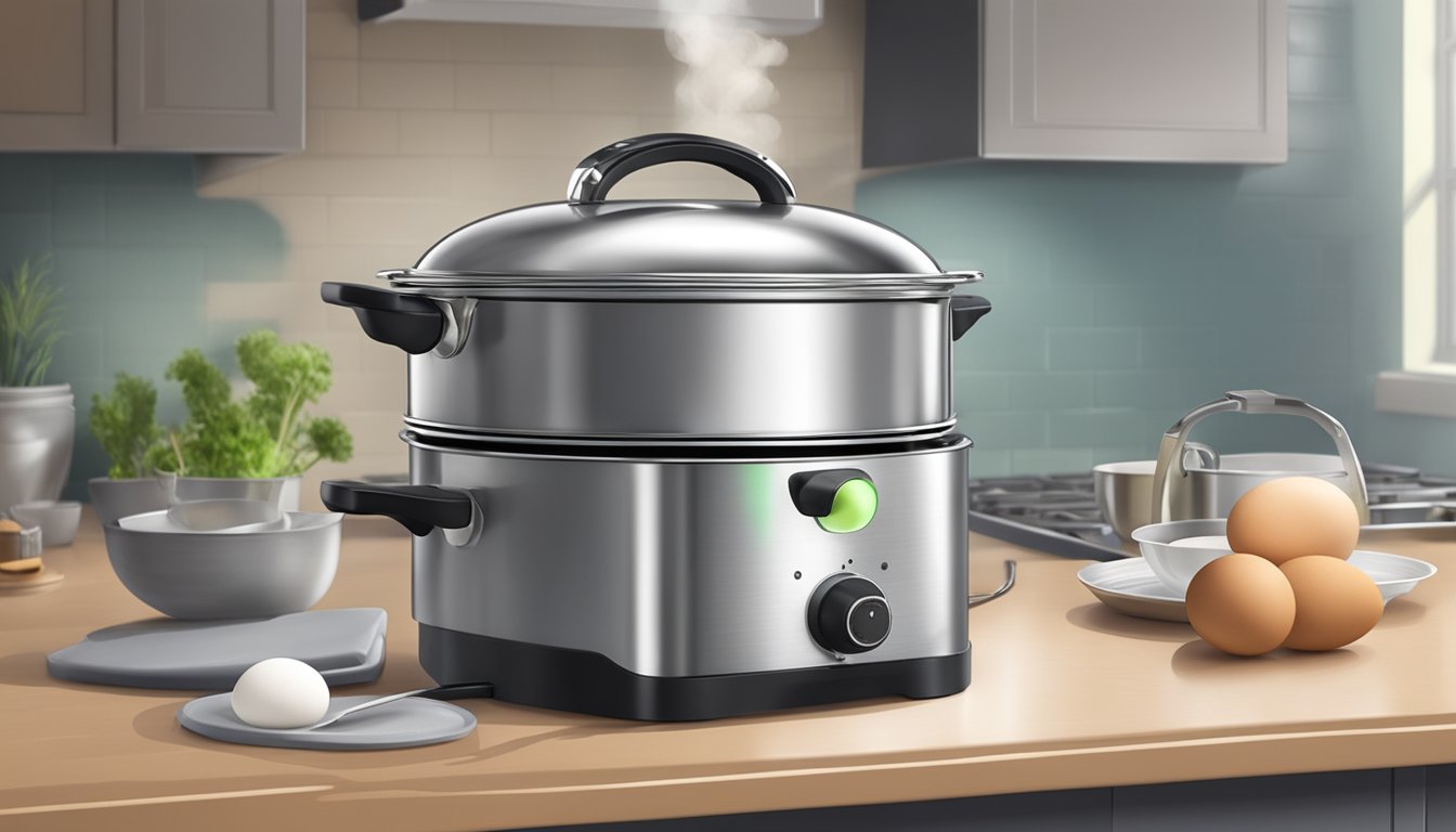 A stainless steel egg boiler sits on a kitchen countertop, steam rising from its top as it cooks eggs to perfection