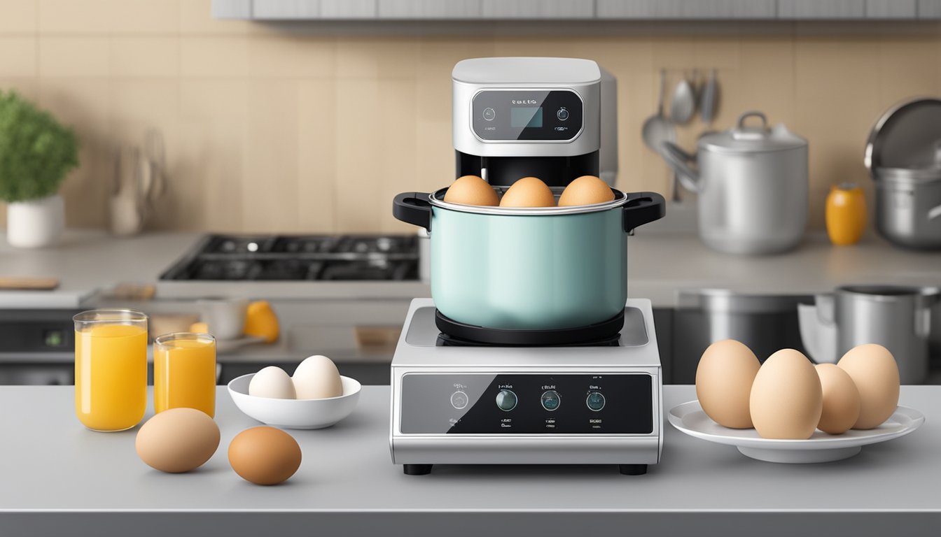 An egg boiler sits on a kitchen counter, surrounded by a variety of eggs. Steam rises from the appliance, indicating that it is in use