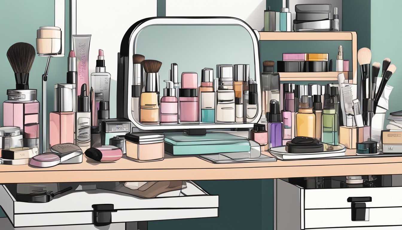 A cluttered dressing table with various beauty products and accessories, all neatly organized, with a price tag of $2500 or less