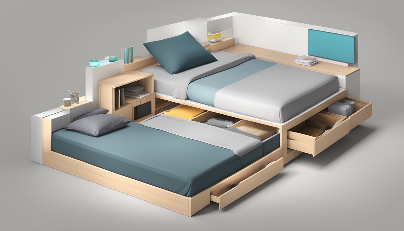 A sleek, modern bed with built-in storage compartments, neatly organized with various items inside