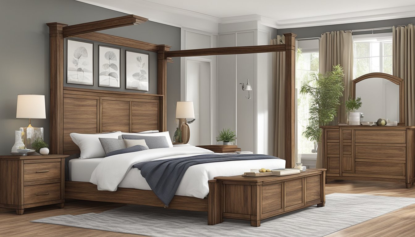 A wooden bed frame stands tall and sturdy, showcasing its natural grain and warm tones. It exudes a sense of timeless elegance and durability, adding a touch of rustic charm to any bedroom setting