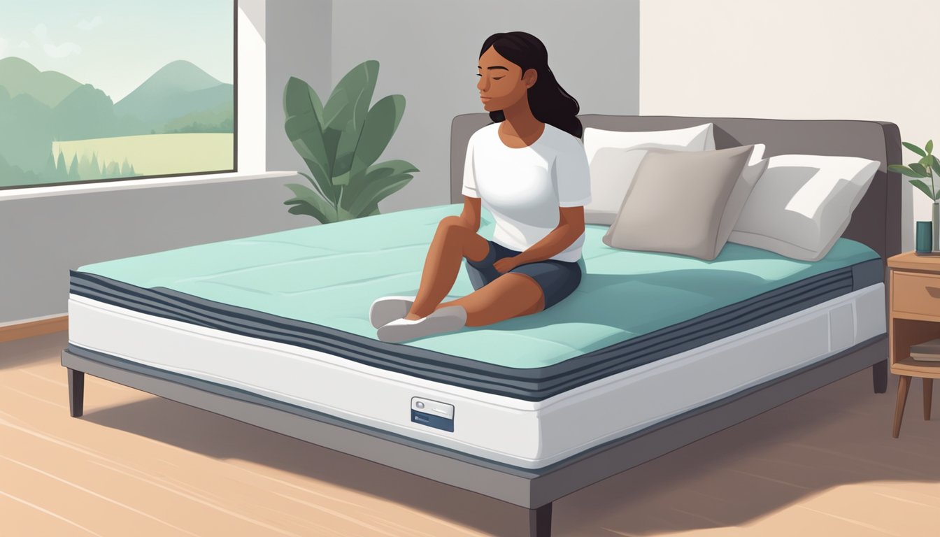 A person stands between a foam mattress and a spring mattress, pondering their choice. The foam mattress is soft and inviting, while the spring mattress offers support and bounce