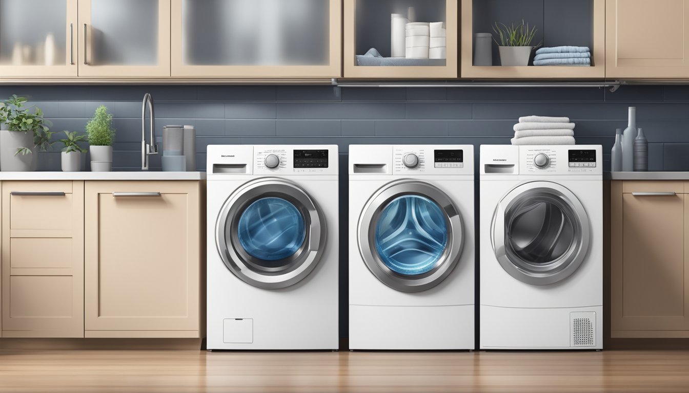 Two washing machines side by side, one with a top-loading door and the other with a front-loading door. Both machines are in a clean, modern laundry room setting