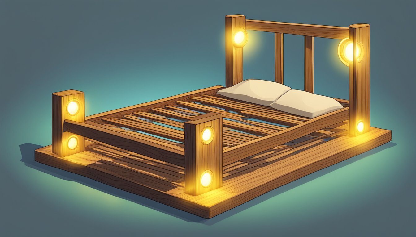 A wooden bed frame surrounded by question marks, with a spotlight shining on it