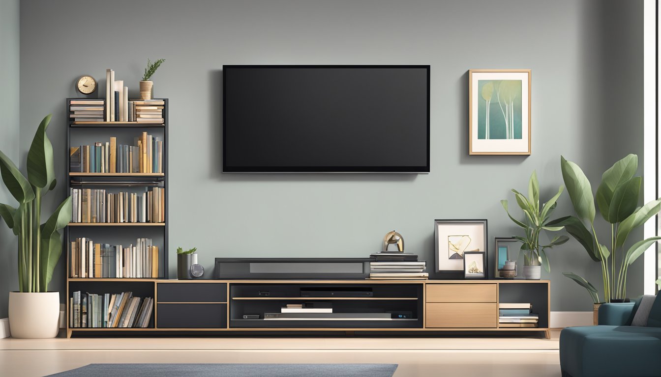 A sleek TV console shelf holds a flat screen TV, with a few decorative items and a stack of DVDs neatly arranged on the shelves below