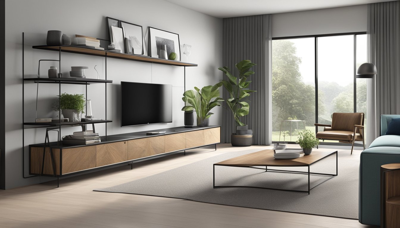 A sleek, minimalist TV console with clean lines and a mix of materials such as wood, metal, and glass. The console features open shelving for media devices and closed storage for cables and accessories