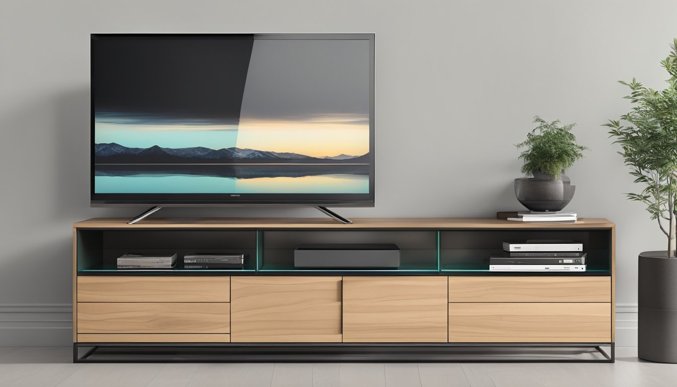A sleek, minimalist TV console with clean lines and hidden storage compartments, featuring a mix of wood, metal, and glass materials