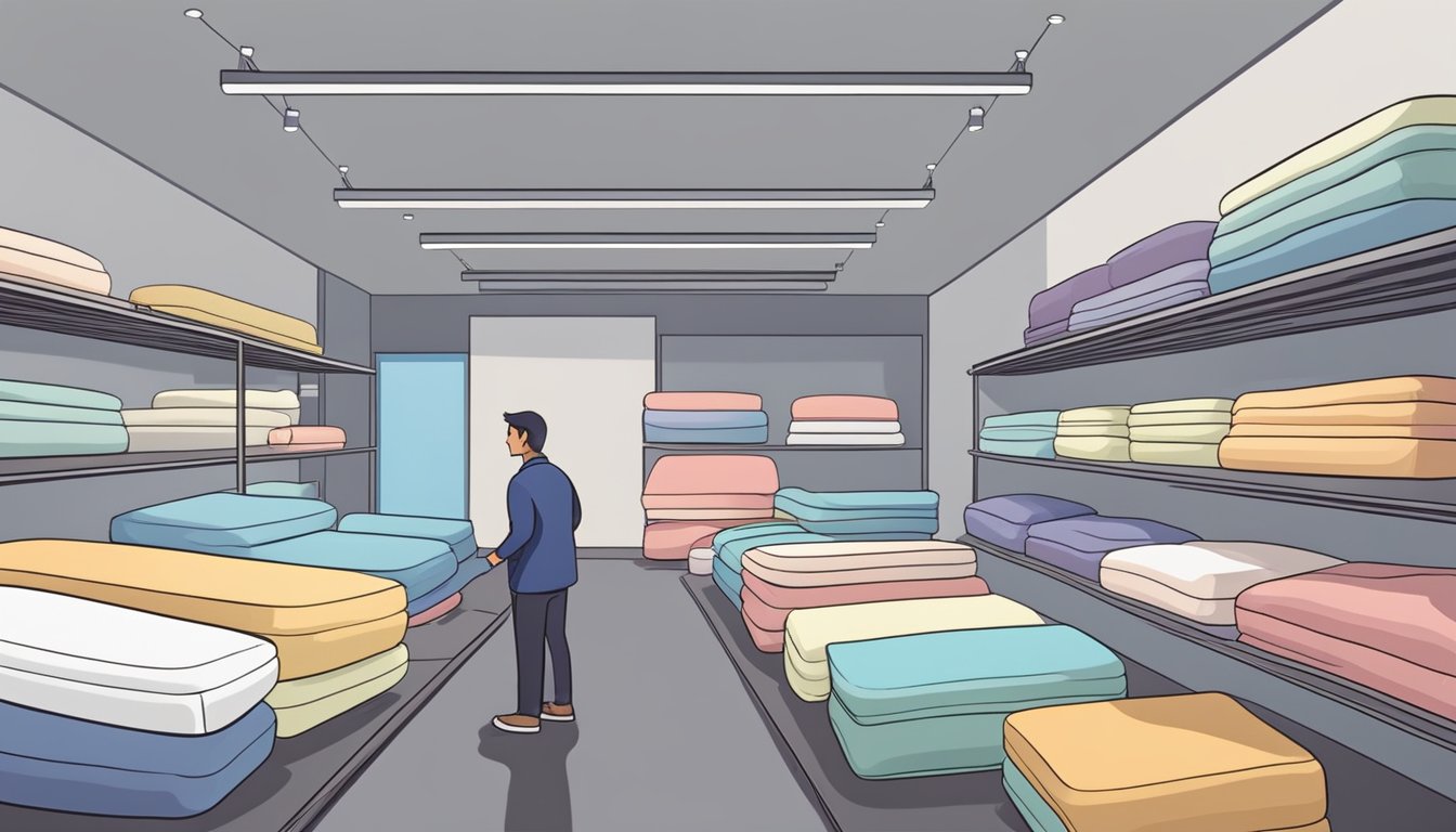 A person comparing single and super single mattresses in a showroom