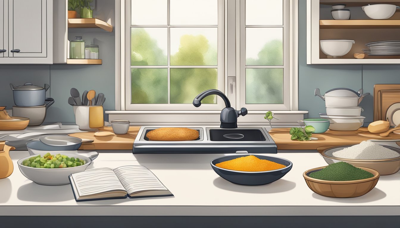 A kitchen counter with open recipe books, mixing bowls, and ingredients next to a preheated oven