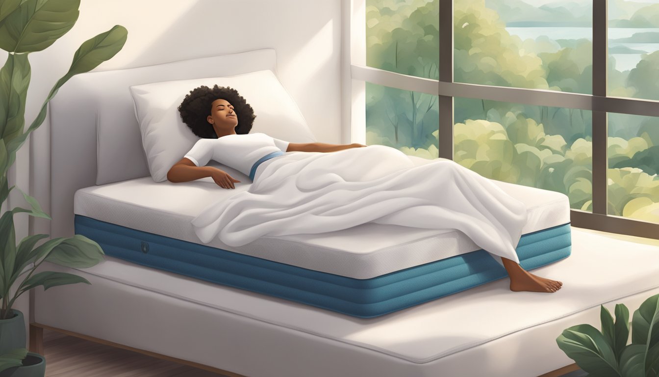 A person lying on a Prince Mattress, surrounded by a peaceful and serene environment, with a feeling of comfort and relaxation