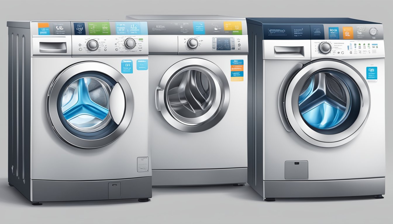 A top load and front load washing machine side by side with labels