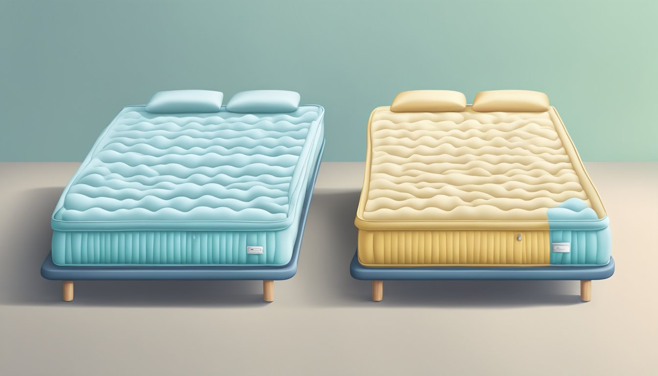 Two mattresses side by side, one made of foam and the other of springs. A question mark hovers above them, symbolizing the FAQs about their differences