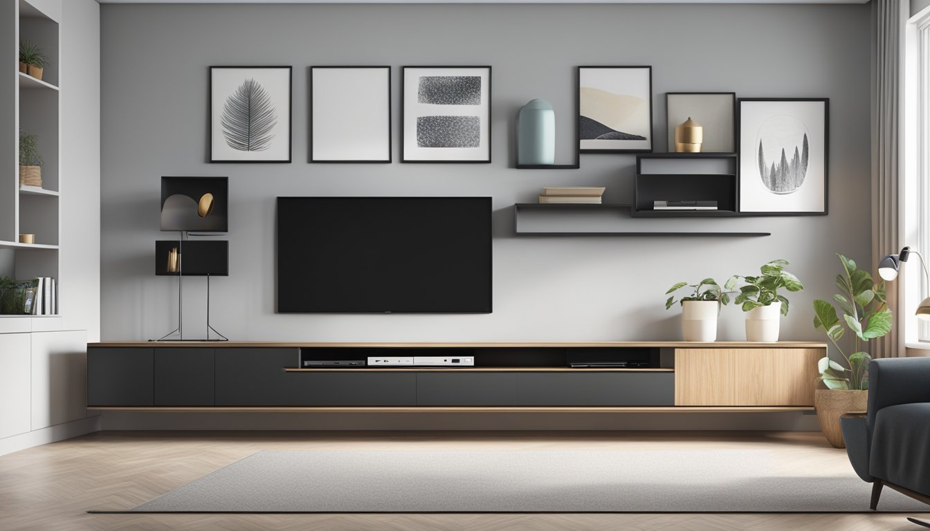 A sleek TV console shelf with open compartments, a cable management system, and a floating design against a modern, minimalist living room wall
