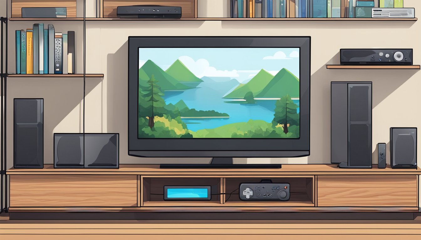 A TV console shelf holds a flat-screen TV, gaming consoles, and media players. Wires are neatly organized behind the console. The remote control sits on the top shelf