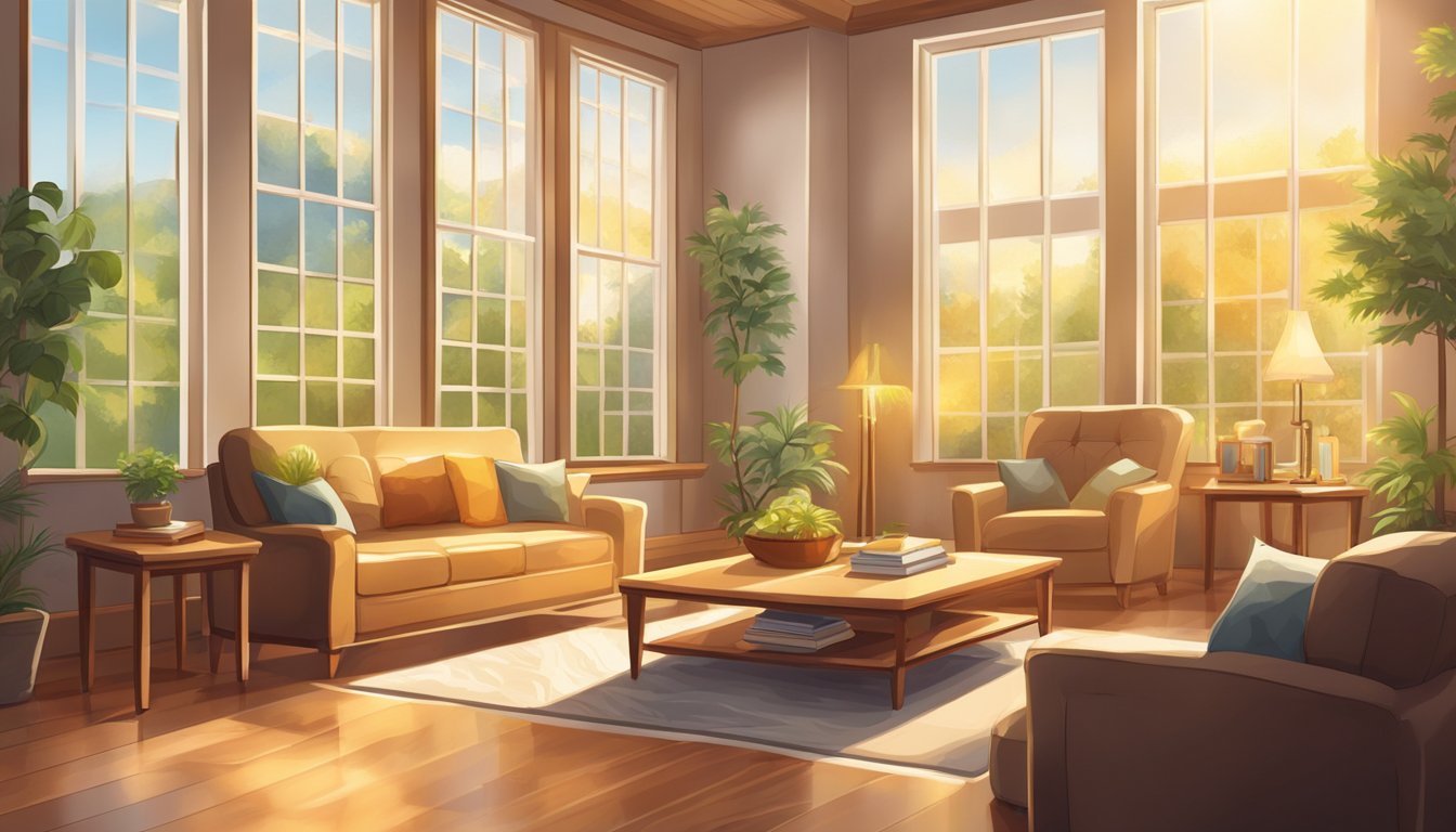 A cozy living room with maple furniture, warm and inviting. Sunlight streams through the window, casting a golden glow on the polished wood