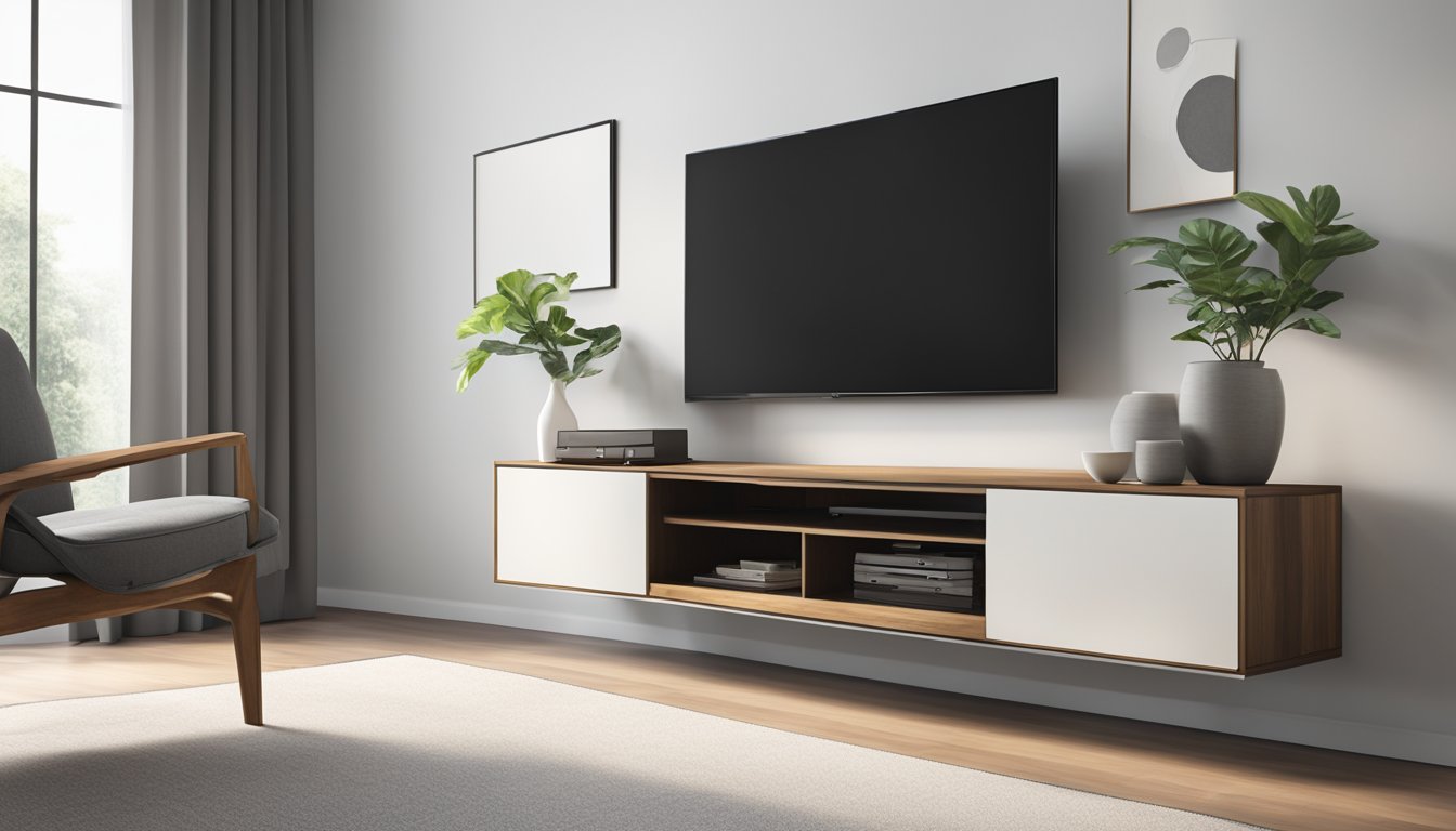 A sleek, minimalist TV console with clean lines and hidden storage compartments. A wall-mounted design with a mix of wood and metal materials