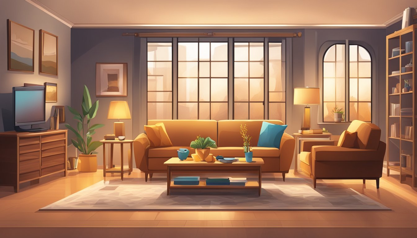 A cozy living room with warm lighting showcases a maple-colored furniture set, glowing with a rich, inviting hue