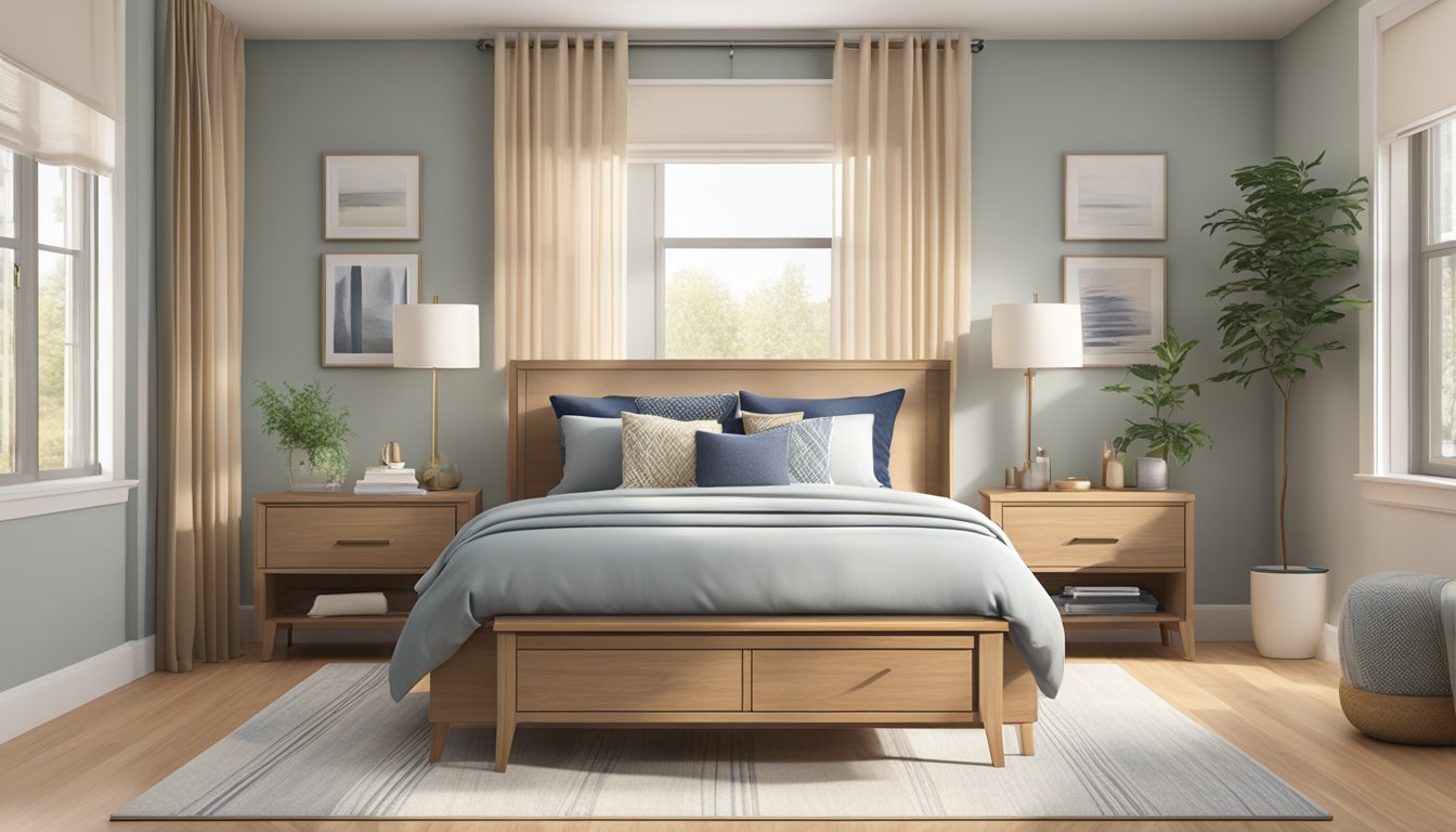 A queen bed frame with built-in storage drawers, positioned in a spacious, well-lit bedroom with neutral-colored walls and hardwood flooring