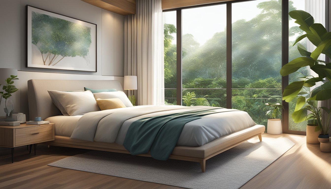 A serene bedroom with a natural latex mattress in Singapore, surrounded by lush greenery and sunlight streaming through the window