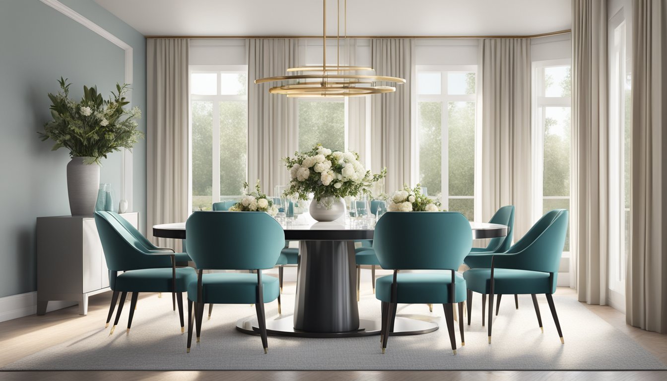 A modern dining table with sleek lines and a glossy finish sits in a well-lit room, surrounded by stylish chairs. The table is set with elegant dinnerware and a centerpiece of fresh flowers