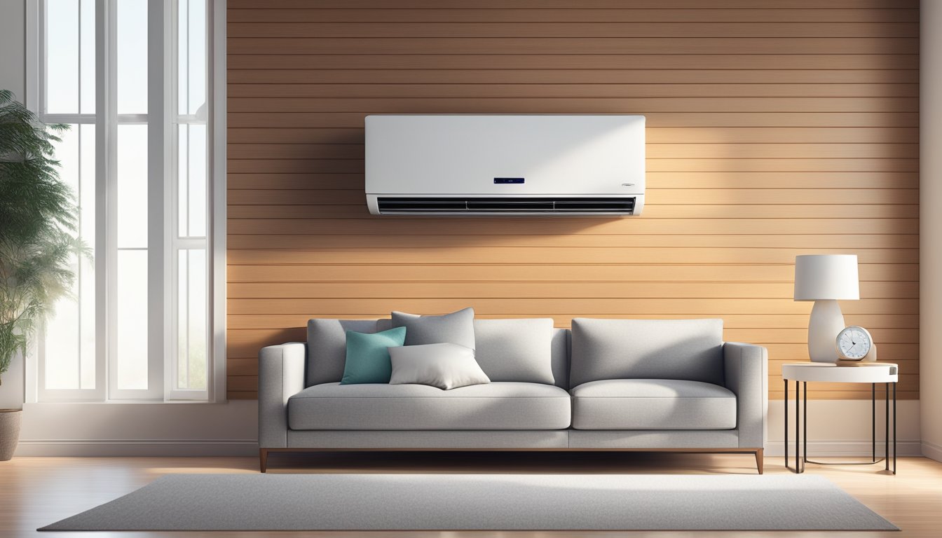 A sleek, modern air conditioning unit sits against a backdrop of a bright, spacious room, emitting a cool, refreshing breeze
