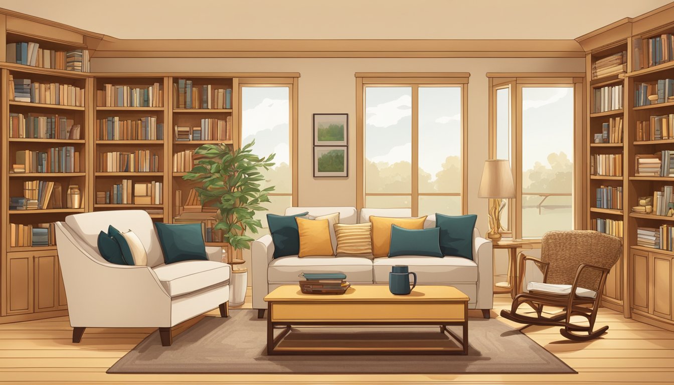 A cozy living room with a maple wood coffee table, bookshelves, and a rocking chair. The warm, golden hue of the wood brings a sense of comfort and elegance to the space