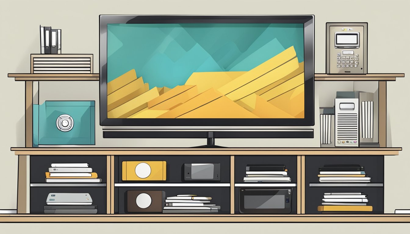 A TV console shelf with neatly organized compartments and labeled sections for easy access to frequently asked questions materials