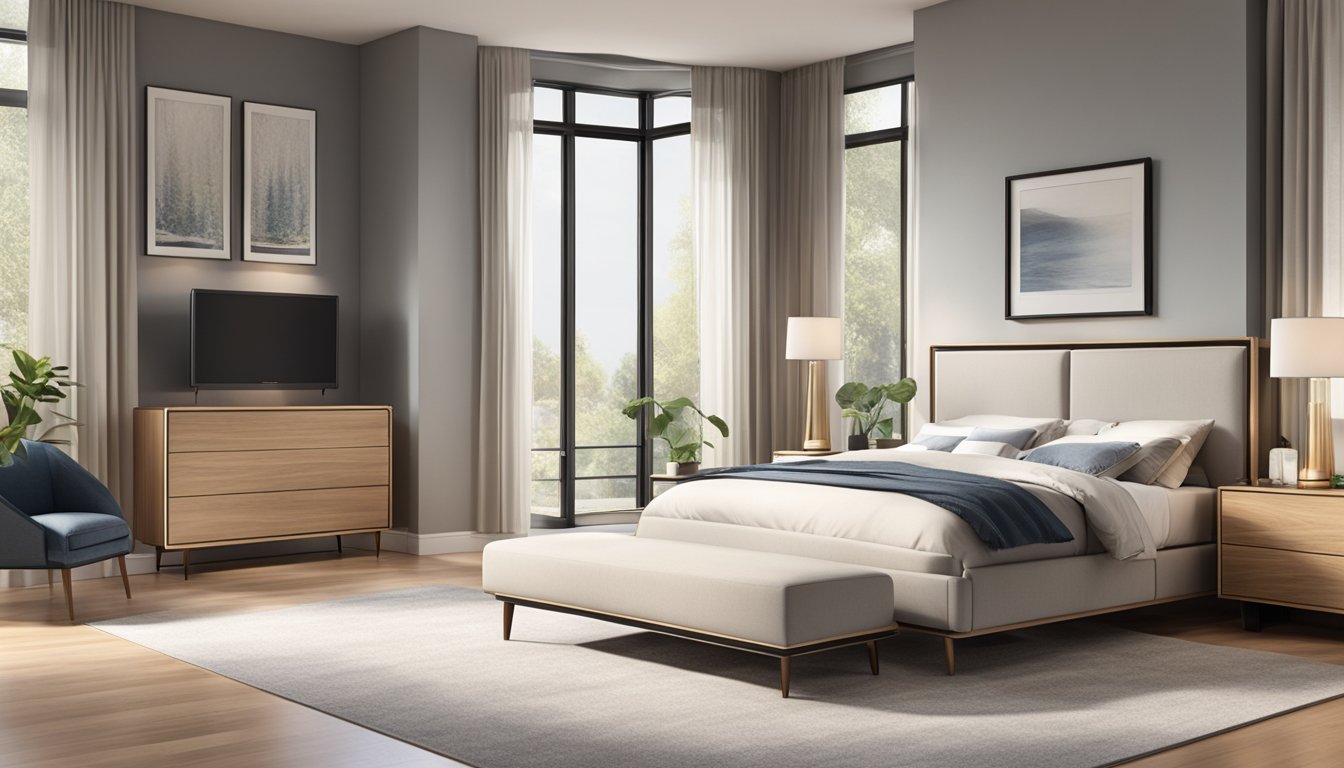 A couple stands in a spacious bedroom, carefully examining a sleek, modern queen bed frame with built-in storage compartments. The room is well-lit, and the bed frame is the focal point, exuding a sense of luxury and functionality