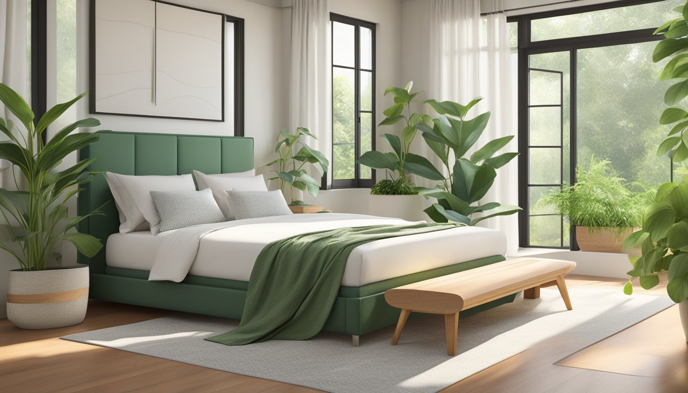 A serene bedroom with a natural latex mattress as the focal point, surrounded by green plants and natural light streaming in through the window
