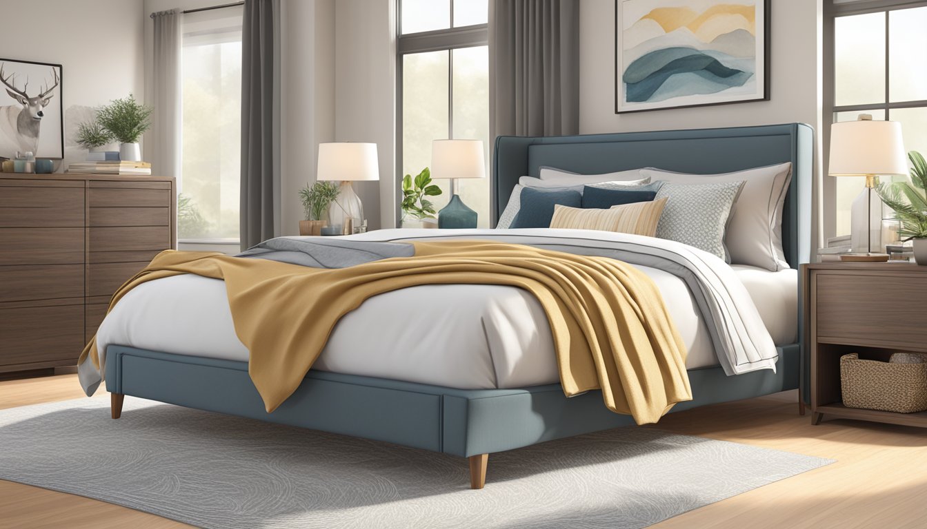 A queen bed frame with storage sits in a well-lit bedroom, adorned with practical accessories like decorative pillows, a cozy throw blanket, and a stylish bedside lamp