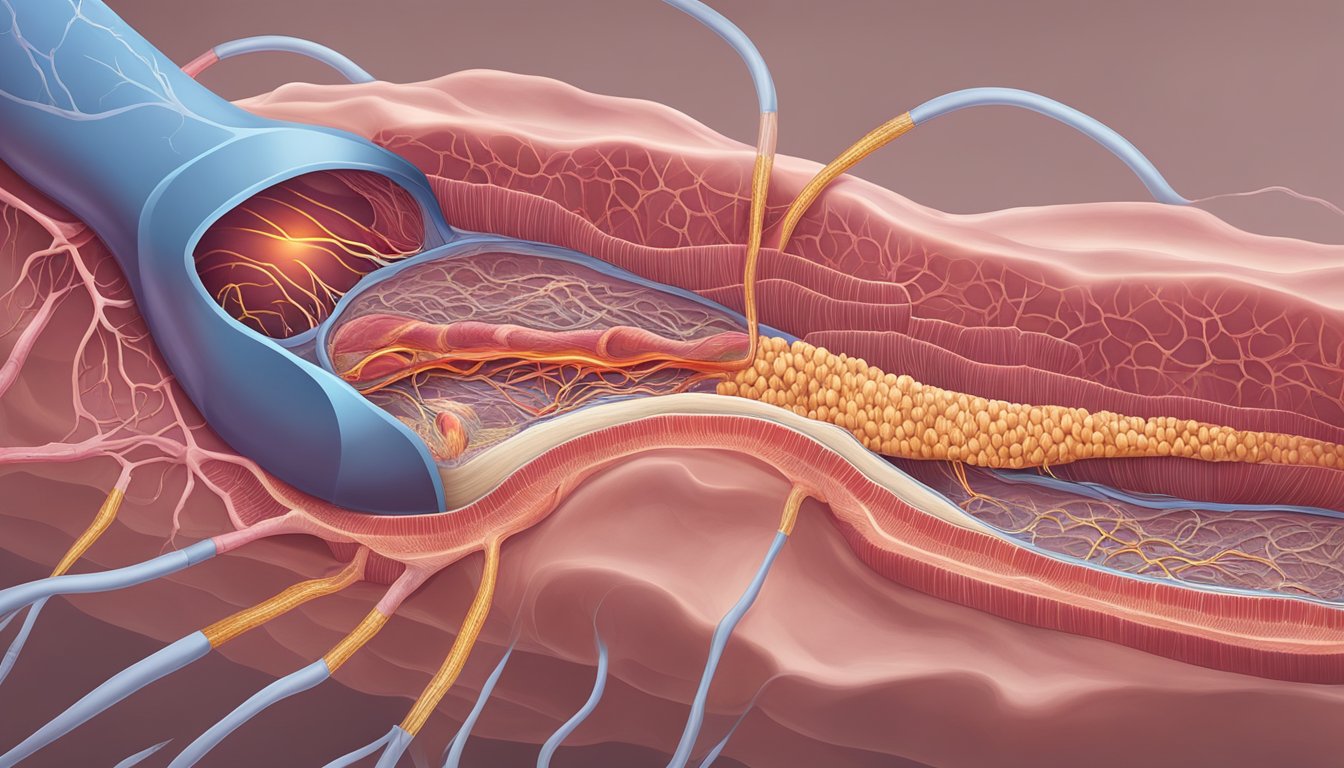 A narrowed artery with a stent inside. Surrounding tissue shows signs of inflammation and cell proliferation