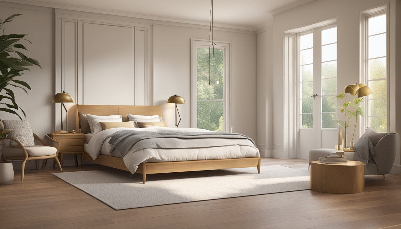 A serene bedroom with a natural latex mattress as the focal point, surrounded by calming decor and soft lighting